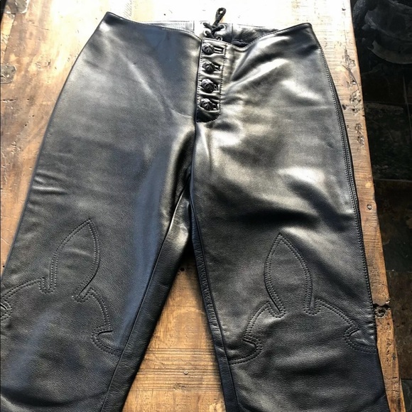☆ RARE VINTAGE CHROME HEARTS LEATHER MOTO PANTS ☆ - Picture 2 of 8